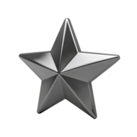 Shiny silver metallic star with three dimensional design, reflecting light and casting subtle shadows, symbolizing achievement or excellence png