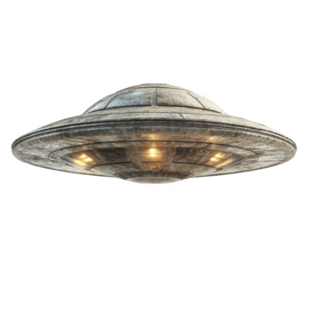 metallisk UFO med lysande lampor svävar mot genomskinlighet bakgrund, visa upp klassisk flygande fat design. rymdskepp yta visas vittrad, tillsats känsla av mysterium och intrig png