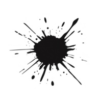 Black ink splatter with irregular edges and droplets radiating outward on transparency background, creating dynamic and artistic effect png