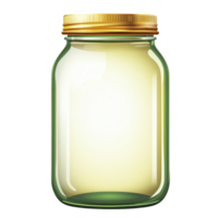 Clear glass jar with golden metal lid is shown, perfect for storing food or crafting. jar is empty, highlighting its transparency and simplicity png