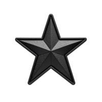 Black textured star with three dimensional appearance, featuring glossy finish and sharp edges, set against transparent background. design is simple yet striking, suitable for various decorative png