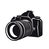 Black and white illustration of DSLR camera with detailed lines and large lens, showcasing classic design. image captures essence of photography equipment png