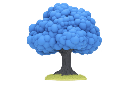 digitalt återges träd med vibrerande blå, moln tycka om tak och texturerad trunk står på små lappa av grön gräs, skapande nyckfull och fantasifull scen png