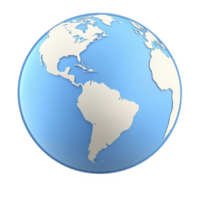 3D rendering of Earth showcases continents and oceans in simplified style, highlighting North and South America. globe is depicted with blue ocean and beige continents, emphasizing geography png