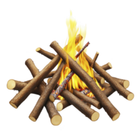 Campfire with burning logs emits bright flames, creating warm and inviting atmosphere. arrangement of wooden logs allows for optimal airflow, enhancing fire intensity png