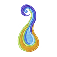 Vibrant, abstract paisley design with swirling blue, orange, and green colors, resembling teardrop shape. intricate embroidery style adds texture and depth to pattern png