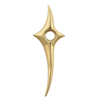 Sleek, golden, star shaped emblem with central hole and elongated points, resembling stylized compass or decorative ornament. design is elegant and modern, with polished finish png