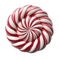 Red and white peppermint candy with spiral pattern creates festive and sweet appearance. glossy surface enhances its appeal, making it look delicious and inviting png