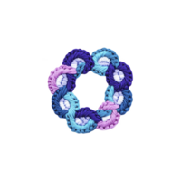 Colorful crochet circle with interwoven blue, purple, and pink yarns, creating vibrant and intricate pattern. design is set against plain background, highlighting texture and craftsmanship png