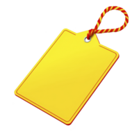 Bright yellow blank tag with red border and striped string for hanging, perfect for labeling or gift wrapping. tag vibrant colors make it eye catching and versatile for various uses png