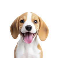 Happy beagle puppy with playful expression and tongue out, showcasing its adorable floppy ears and smooth coat against plain background png