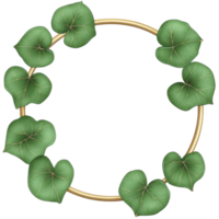 Circular gold frame adorned with green leaves creates natural and elegant design, perfect for invitations or decorative purposes. lush foliage adds touch of freshness and sophistication png