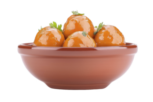Bowl of glossy, orange gulab jamun garnished with fresh herbs, creating delicious and inviting dessert presentation png