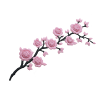 Delicate branch adorned with pink embroidered flowers and leaves, showcasing intricate floral design on transparency background. embroidery highlights beauty of nature png