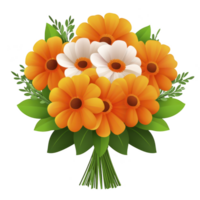 Vibrant bouquet of orange and white flowers with lush green leaves, creating cheerful and lively arrangement. Perfect for celebrations or brightening any space png