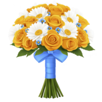 Vibrant bouquet of yellow roses, white daisies, and small blue flowers is tied with blue ribbon, creating cheerful and elegant floral arrangement png