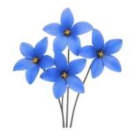 Four vibrant blue flowers with yellow centers are arranged cluster, showcasing their delicate petals and natural beauty. flowers are set against plain background, highlighting their vivid color png