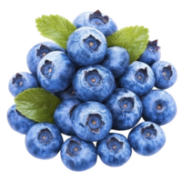 Cluster of fresh blueberries with vibrant green leaves, showcasing their rich blue color and natural texture. image highlights juicy and ripe appearance of berries png