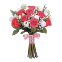 Beautiful bouquet of pink and white roses is elegantly arranged with green leaves and small white flowers, tied with pink ribbon, perfect for romantic occasion png
