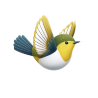 Colorful, stylized bird illustration with vibrant wings and cheerful expression, showcasing blend of yellow, green, and blue hues. bird appears to be in mid flight png