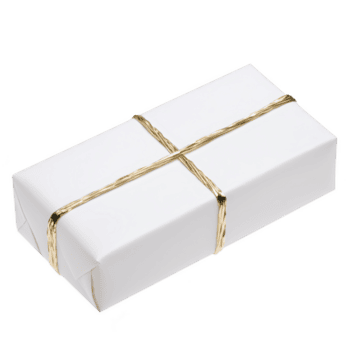 Rectangular white gift box is elegantly wrapped with shiny gold ribbon, creating simple yet sophisticated appearance. box is isolated on transparency background, emphasizing its clean design png