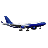 Large commercial airplane with blue and white color scheme is depicted in flight, showcasing its sleek design and multiple engines. aircraft is set against transparent background png