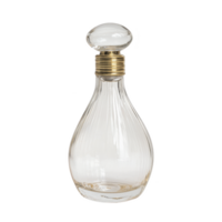 Clear glass decanter with round stopper and gold accents, perfect for storing and serving beverages elegantly. design is classic and sophisticated, ideal for home decor png