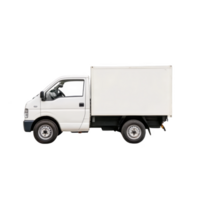 White delivery truck with box cargo area is shown in side view on transparency background. vehicle is compact and designed for transporting goods efficiently png