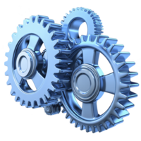 Three interlocking metallic gears in shiny blue finish symbolize teamwork and mechanical precision. gears are intricately designed, showcasing engineering excellence and industrial strength png