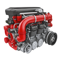 Detailed illustration of red and silver car engine with visible components like pistons, pipes, and belts, showcasing mechanical complexity and engineering precision png