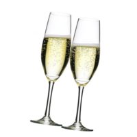 Two champagne glasses filled with bubbly champagne are clinking together, symbolizing celebration and joy. clear glasses showcase sparkling wine effervescence, creating festive atmosphere png