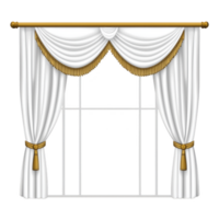 Elegant white curtains with gold accents hang gracefully over window, creating sophisticated and classic look. drapery features decorative tassels and valance, adding touch of luxury png