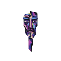 Colorful geometric illustration of man face with serious expression, featuring angular shapes in shades of purple, blue, and pink, creating modern and abstract look png