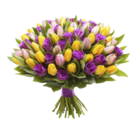 Vibrant bouquet of yellow tulips, purple roses, and pink tulips is beautifully arranged with lush green leaves, creating cheerful and elegant floral display png
