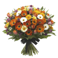 Vibrant bouquet of mixed flowers including orange gerberas, white daisies, and purple tulips, arranged with lush green leaves, creating cheerful and colorful display png