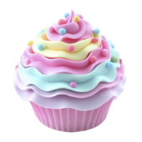 Colorful cupcake with pastel frosting swirls and decorative sprinkles creates whimsical and delightful appearance. soft hues of pink, blue, and yellow add playful touch png