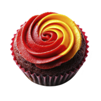 Delicious chocolate cupcake with vibrant red and yellow swirled frosting, creating visually appealing treat. cupcake is in red paper liner, perfect for celebrations png