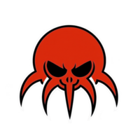 Red and black stylized octopus logo with menacing expression, featuring sharp tentacles and bold outlines, set against transparent background png