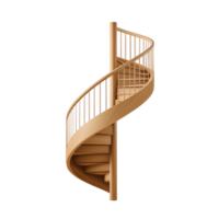 Wooden spiral staircase with metal railings stands elegantly, showcasing modern architectural design. smooth curves and natural wood finish create warm and inviting aesthetic png
