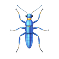 Vibrant blue beetle with detailed legs and antennae, showcasing intricate patterns and textures. insect vivid coloration and symmetrical design make it striking example of nature artistry png