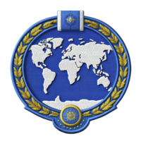 This features blue and gold embroidered patch with world map design, surrounded by laurel wreath. patch includes compass rose at bottom, symbolizing global unity and navigation png