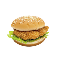 Crispy chicken sandwich with lettuce on sesame seed bun, showcasing delicious and appetizing fast food option. Perfect for quick meal or snack png