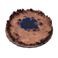 Aerial view of circular desert landscape with central blue lake, surrounded by rugged terrain and rocky formations, creating striking contrast. scene evokes sense of isolation and wonder png