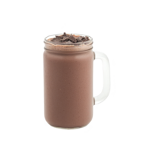 Glass mug filled with creamy chocolate milkshake topped with chocolate shavings, creating delicious and indulgent treat. rich texture and sweet aroma make it irresistible png