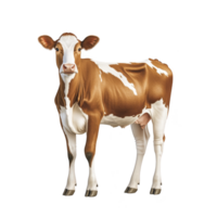 Brown and white cow stands facing forward, showcasing its distinctive markings and calm demeanor. cow ears are perked up, and its udder is visible, indicating it dairy breed png