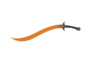 Ornate scimitar with curved blade and detailed hilt design, featuring vibrant orange color. sword elegant shape and intricate craftsmanship evoke sense of historical allure png