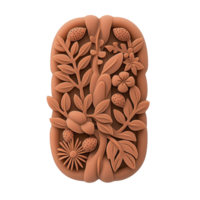 Detailed terracotta relief sculpture features intricate floral and botanical designs, showcasing leaves, flowers, and berries in harmonious arrangement. craftsmanship highlights natural beauty png