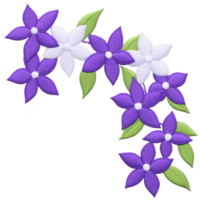 Purple and white embroidered flowers with green leaves form decorative corner design, showcasing intricate stitching and vibrant colors. This floral pattern is ideal for textile embellishments png