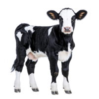 Cute black and white calf stands facing forward, showcasing its distinctive markings and curious expression. young cow ears are perked up, adding to its adorable appearance png