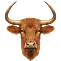 Realistic illustration of brown bull head with large curved horns and detailed fur texture, isolated on transparency background. bull expression is calm and strong png